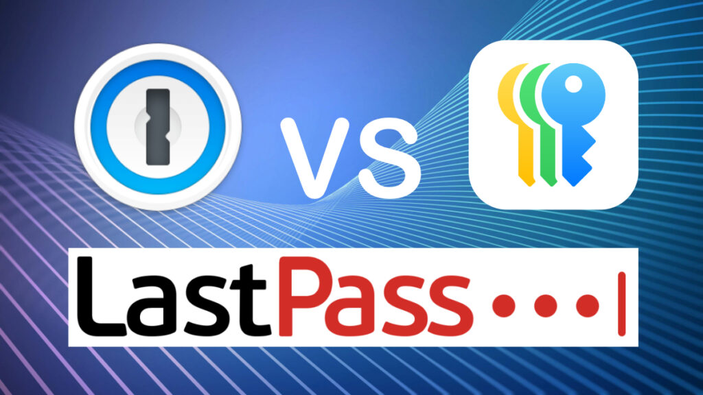 Logos of Apple Passwords, 1Password, and LastPass for password manager comparison article