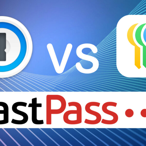 Logos of Apple Passwords, 1Password, and LastPass for password manager comparison article