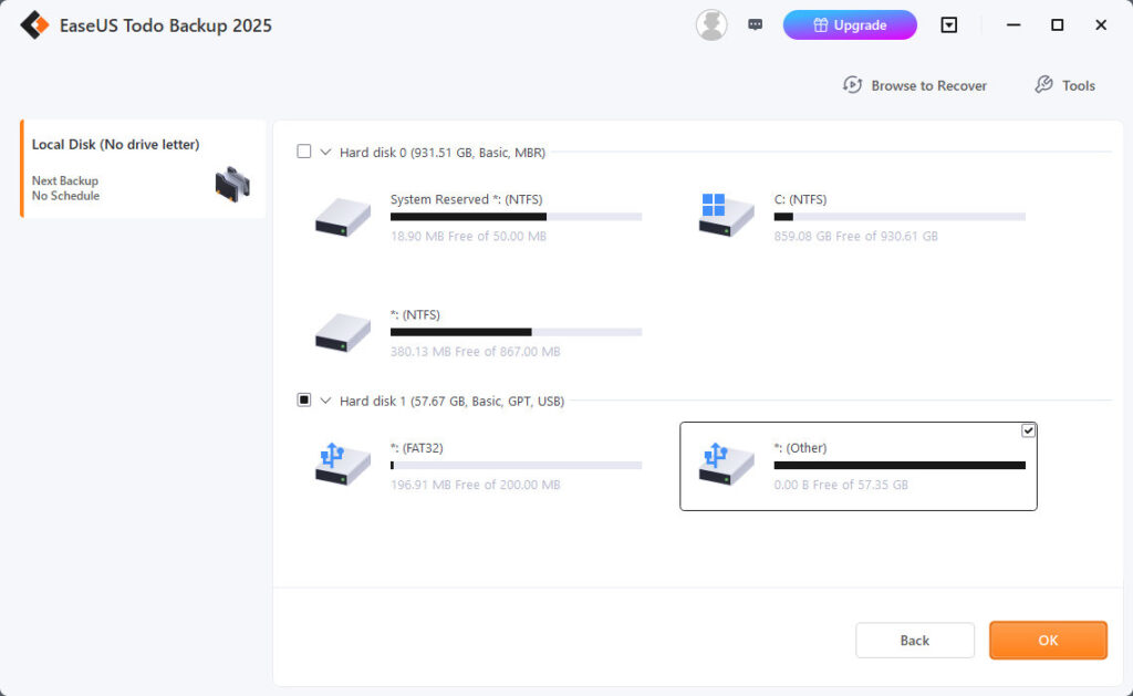 easeus-backup-destination EaseUS Todo Backup Free showing the list of available drives for selecting a destination, with an external drive chosen for the Windows backup.