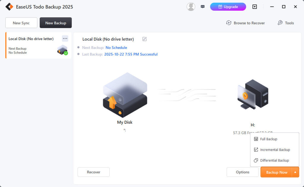 easeus-incremental-backup EaseUS Todo Backup Free showing backup type options including full, incremental, and differential, with incremental backup highlighted.