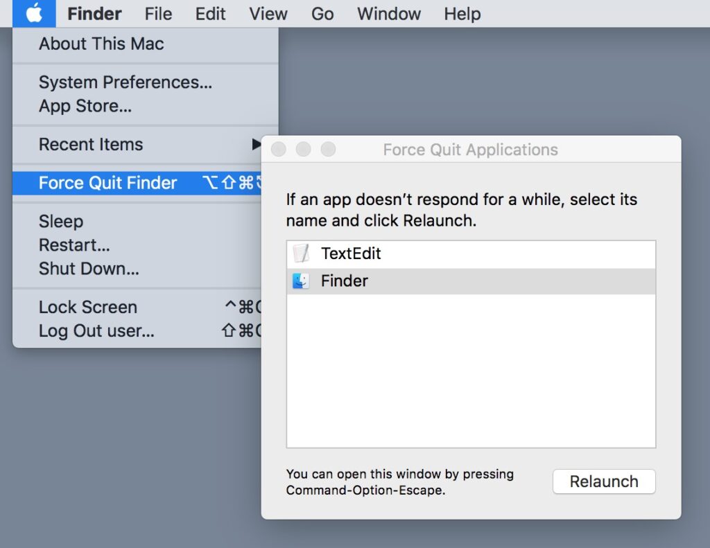 finder-relaunch Force Quit window showing Finder selected with Relaunch option.