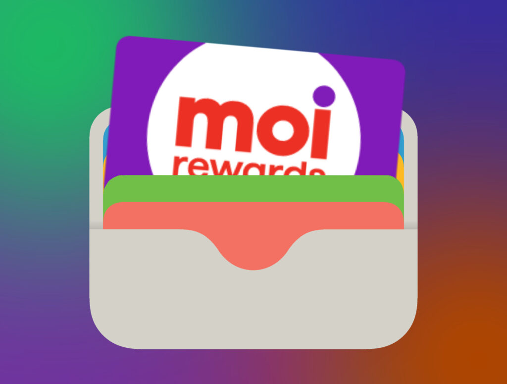 Moi Rewards card sliding into the Apple Wallet logo, symbolizing adding the card to Apple Wallet.