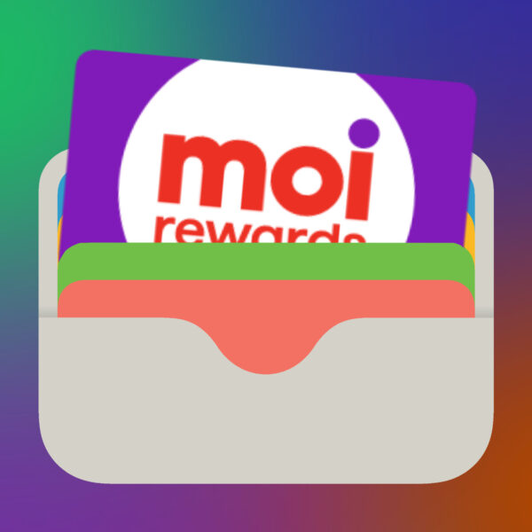 Moi Rewards card sliding into the Apple Wallet logo, symbolizing adding the card to Apple Wallet.