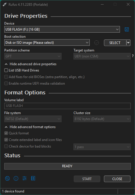 rufus-start-screen The Rufus start screen showing the USB drive listed under Device for a Windows 10 to 11 upgrade.