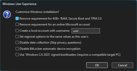 rufus-windows-user-experience-bypass-options The Rufus Windows User Experience pop-up with TPM and Secure Boot bypass options ticked for a Windows 10 to 11 upgrade.