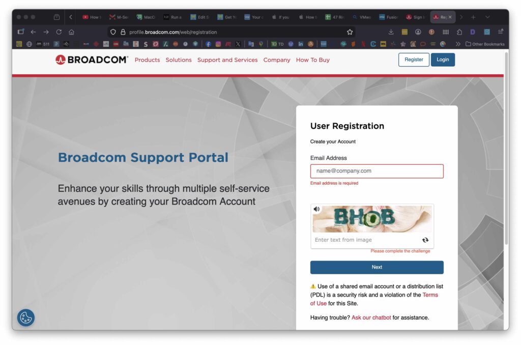 Create a free Broadcom account to download VMware Fusion for running Windows 11 on a Mac (M-series)