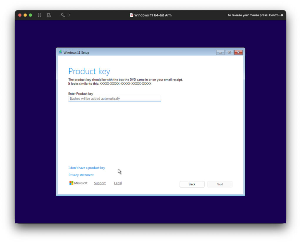 Skip product key step during Windows 11 installation on Mac by selecting “I don’t have a product key”